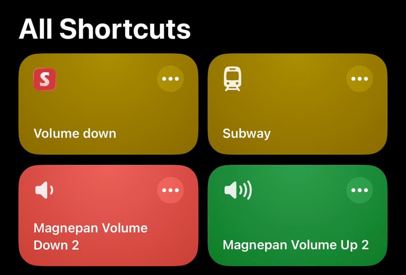iOS Shortcuts app showing Magnepan volume control shortcuts